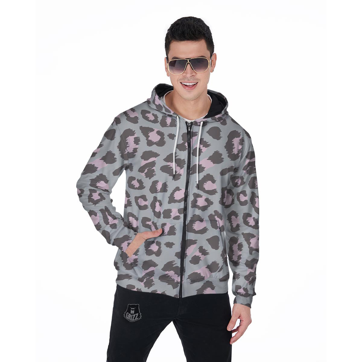 Grey and Pink Leopard Men's Zip Up Hoodie-grizzshop
