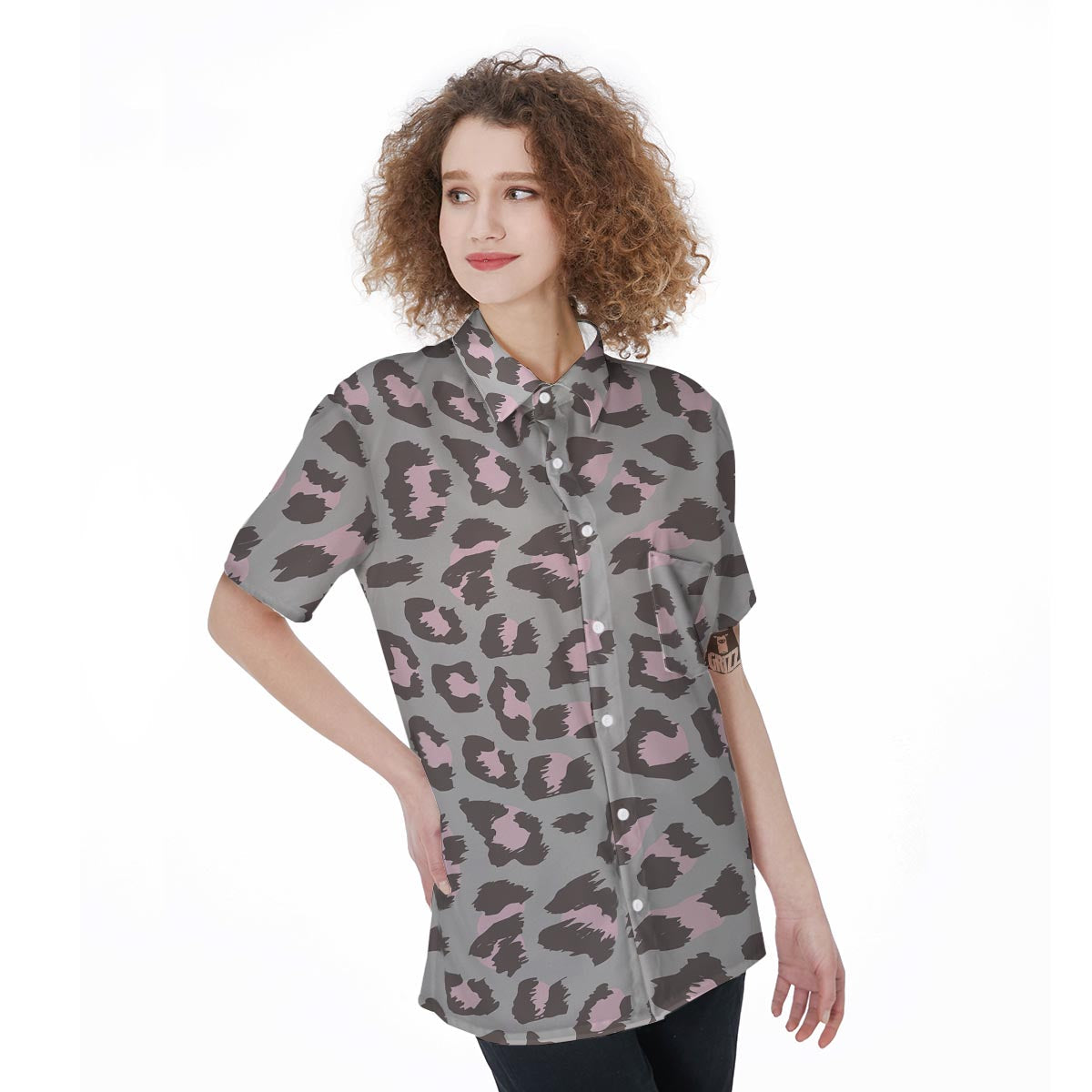 Grey and Pink Leopard Women's Short Sleeve Shirts-grizzshop