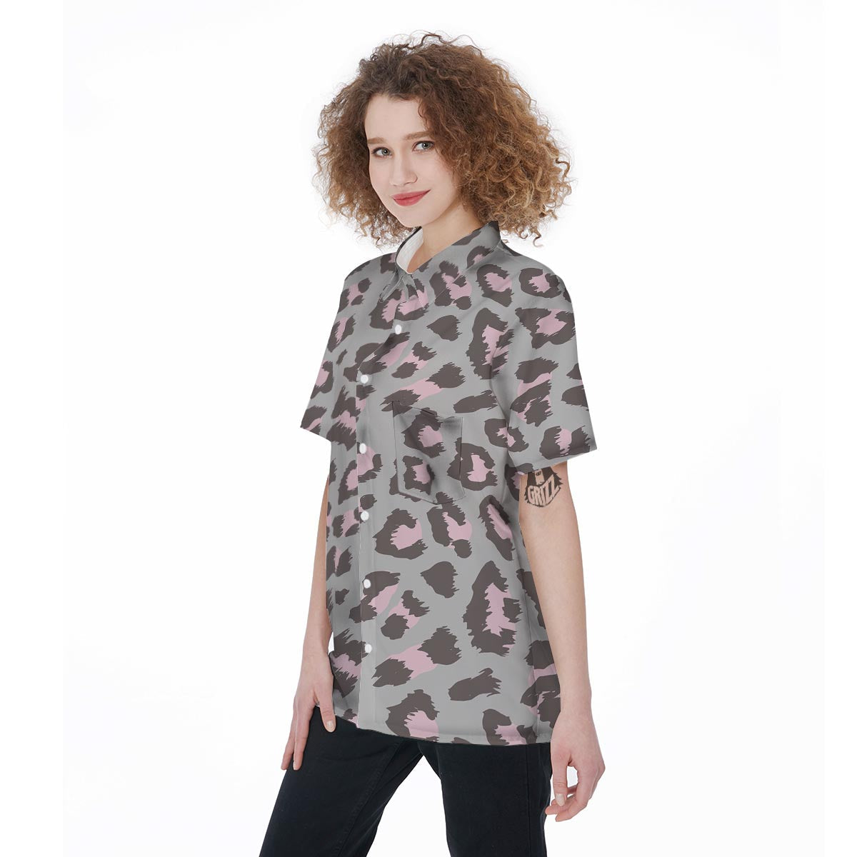 Grey and Pink Leopard Women's Short Sleeve Shirts-grizzshop