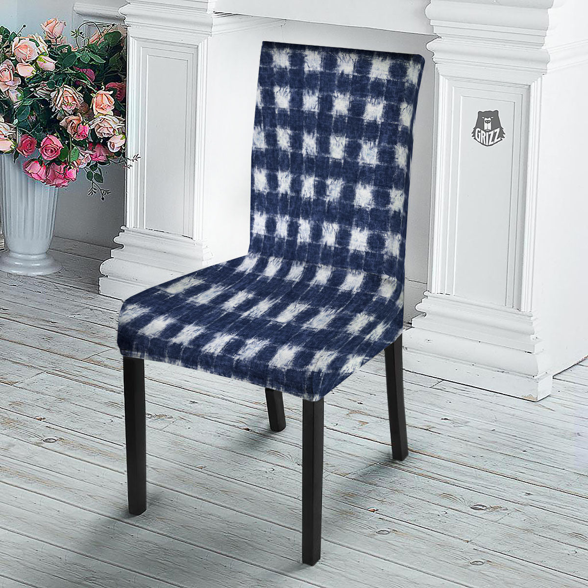 Grid Shibori Print Pattern Dining Chair Slipcover-grizzshop
