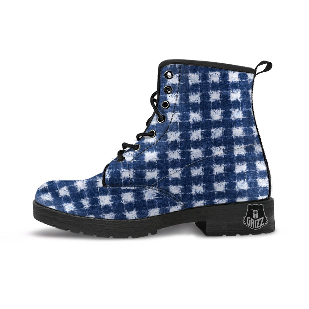Grid Shibori Print Pattern Leather Boots-grizzshop