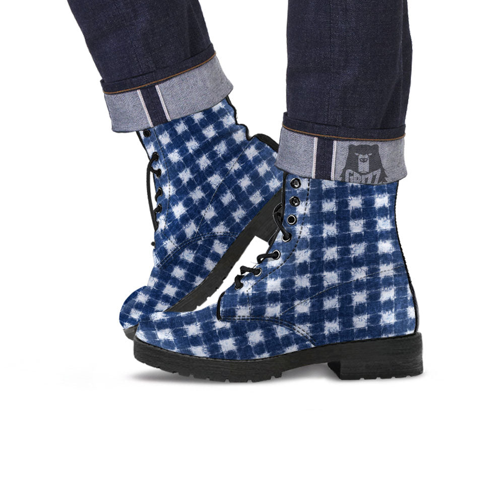 Grid Shibori Print Pattern Leather Boots-grizzshop