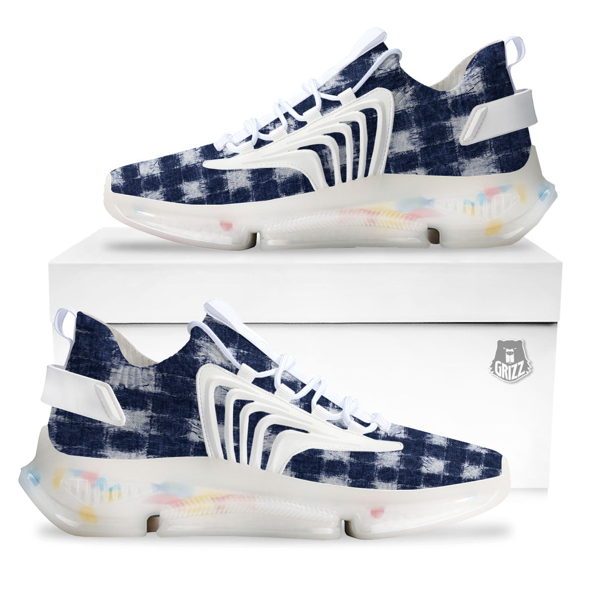 Grid Shibori Print Pattern White Gym Shoes-grizzshop