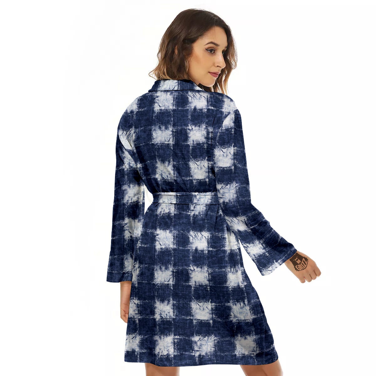 Grid Shibori Print Pattern Women's Robe-grizzshop