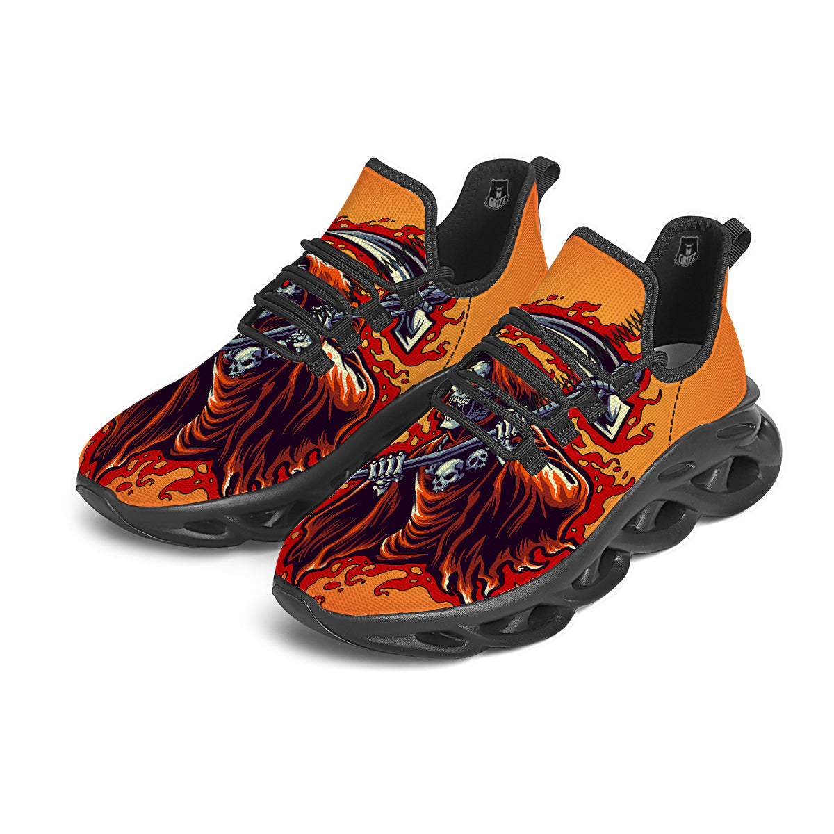 Grim Reaper And Fire Print Black Running Shoes-grizzshop