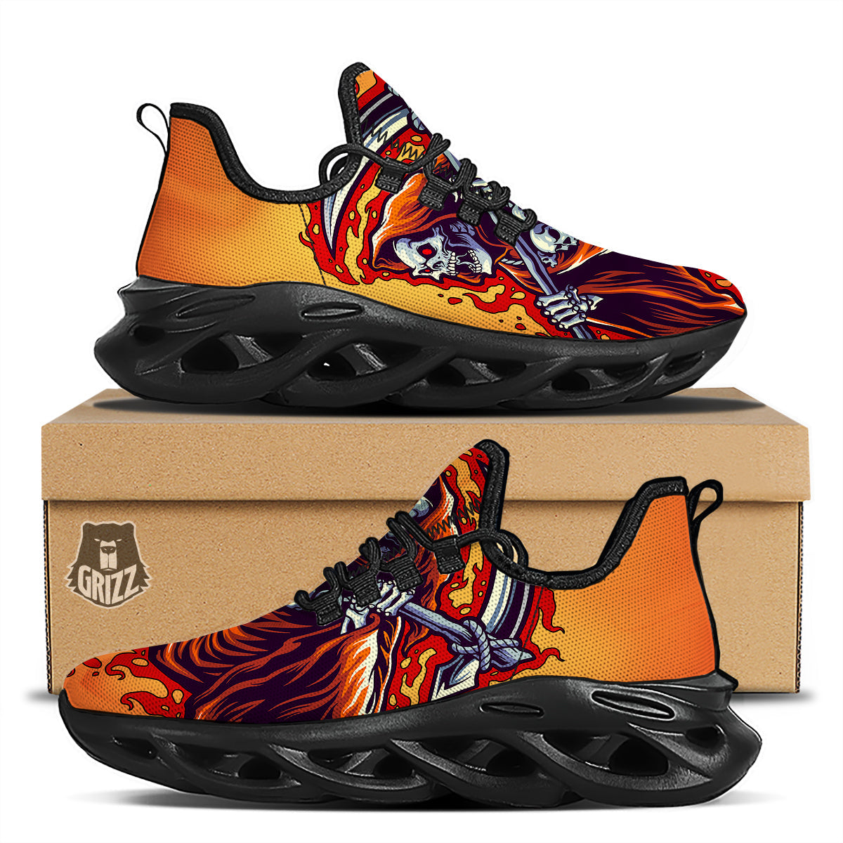 Grim Reaper And Fire Print Black Running Shoes-grizzshop