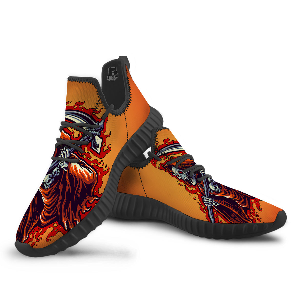 Grim Reaper And Fire Print Black Walking Shoes-grizzshop