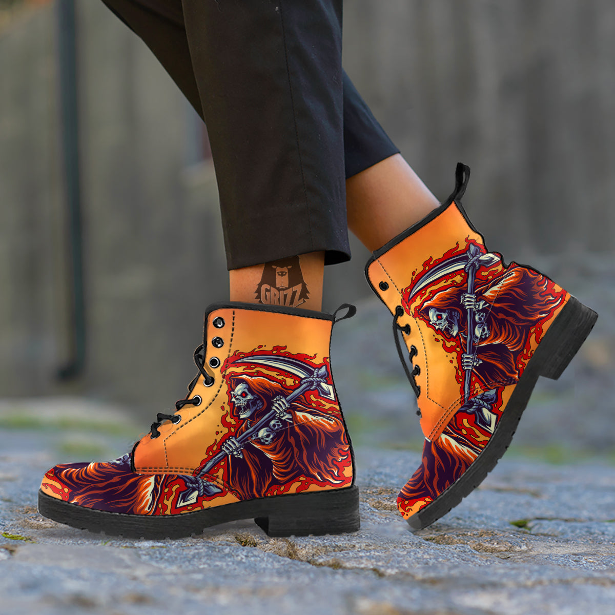 Grim Reaper And Fire Print Leather Boots-grizzshop