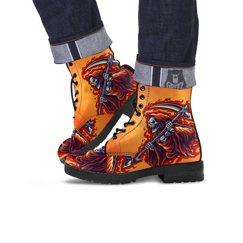 Grim Reaper And Fire Print Leather Boots-grizzshop