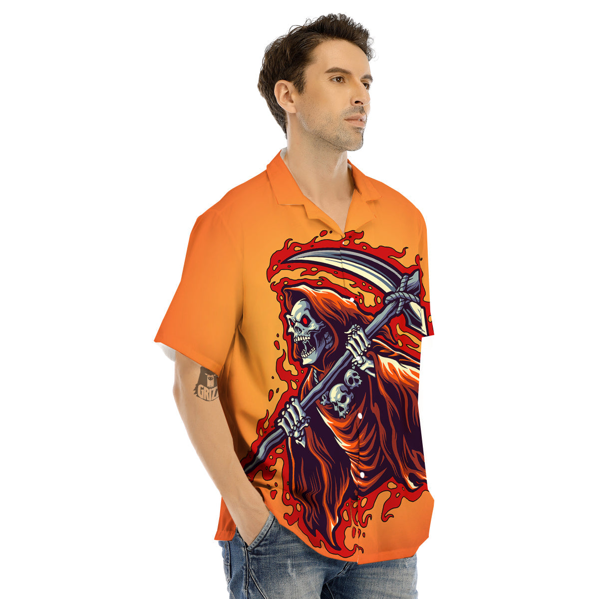 Grim Reaper And Fire Print Men's Hawaiian Shirt-grizzshop