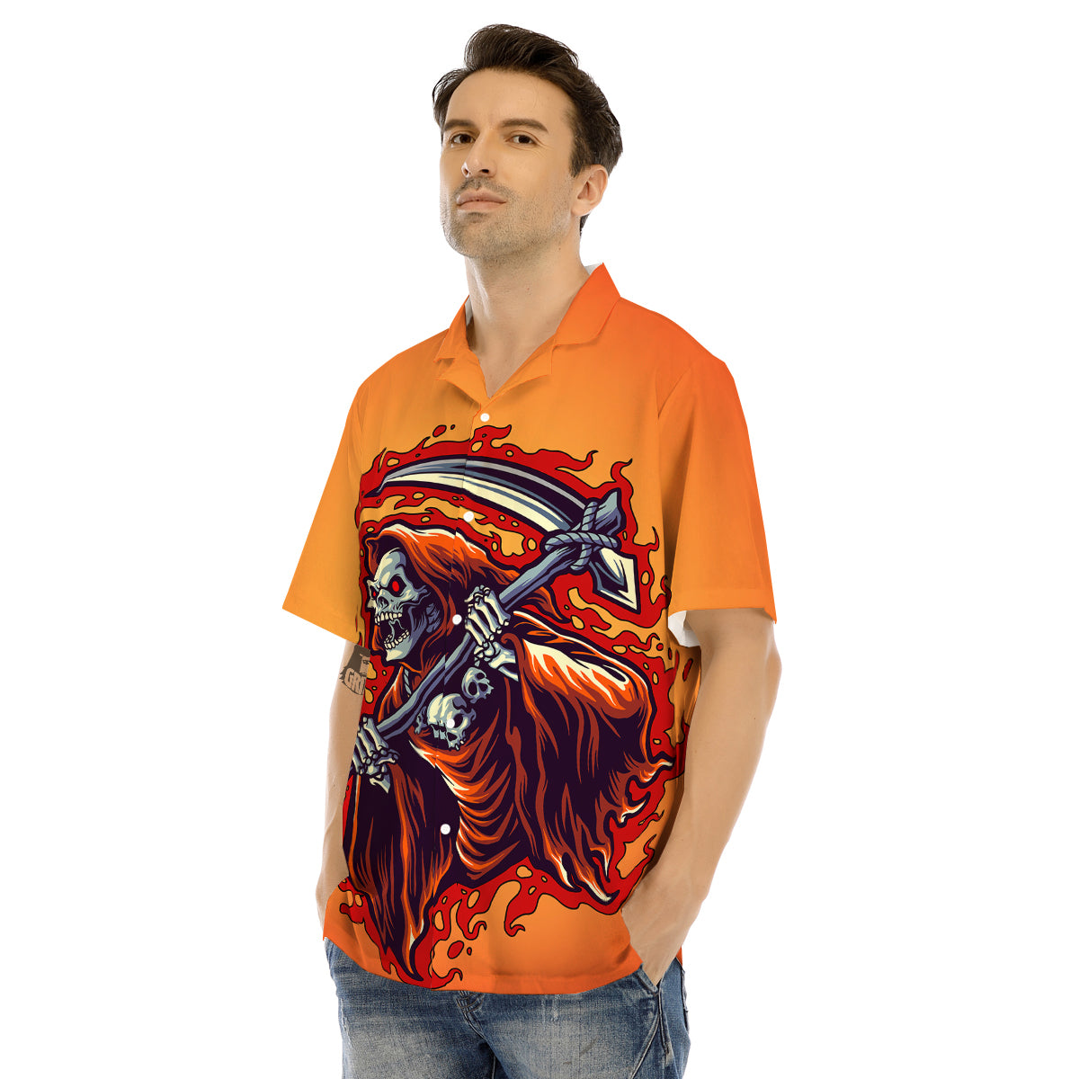 Grim Reaper And Fire Print Men's Hawaiian Shirt-grizzshop