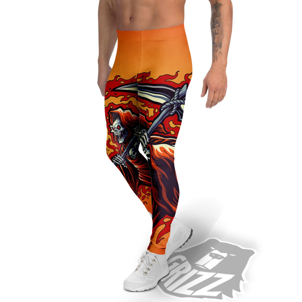 Grim Reaper And Fire Print Men's Leggings-grizzshop