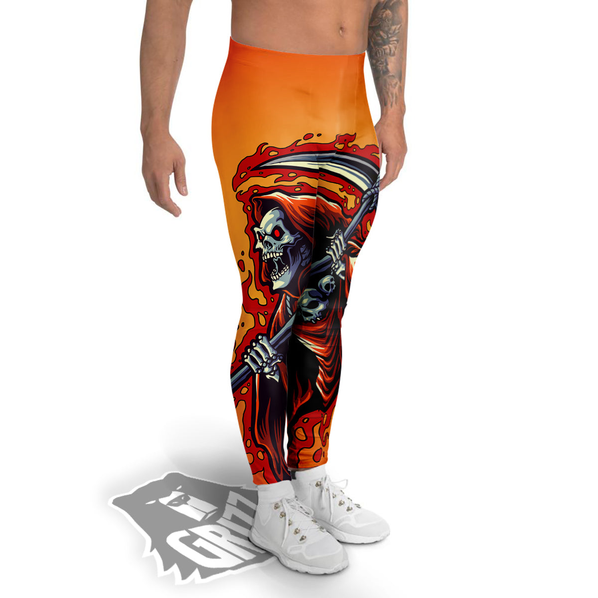 Grim Reaper And Fire Print Men's Leggings-grizzshop