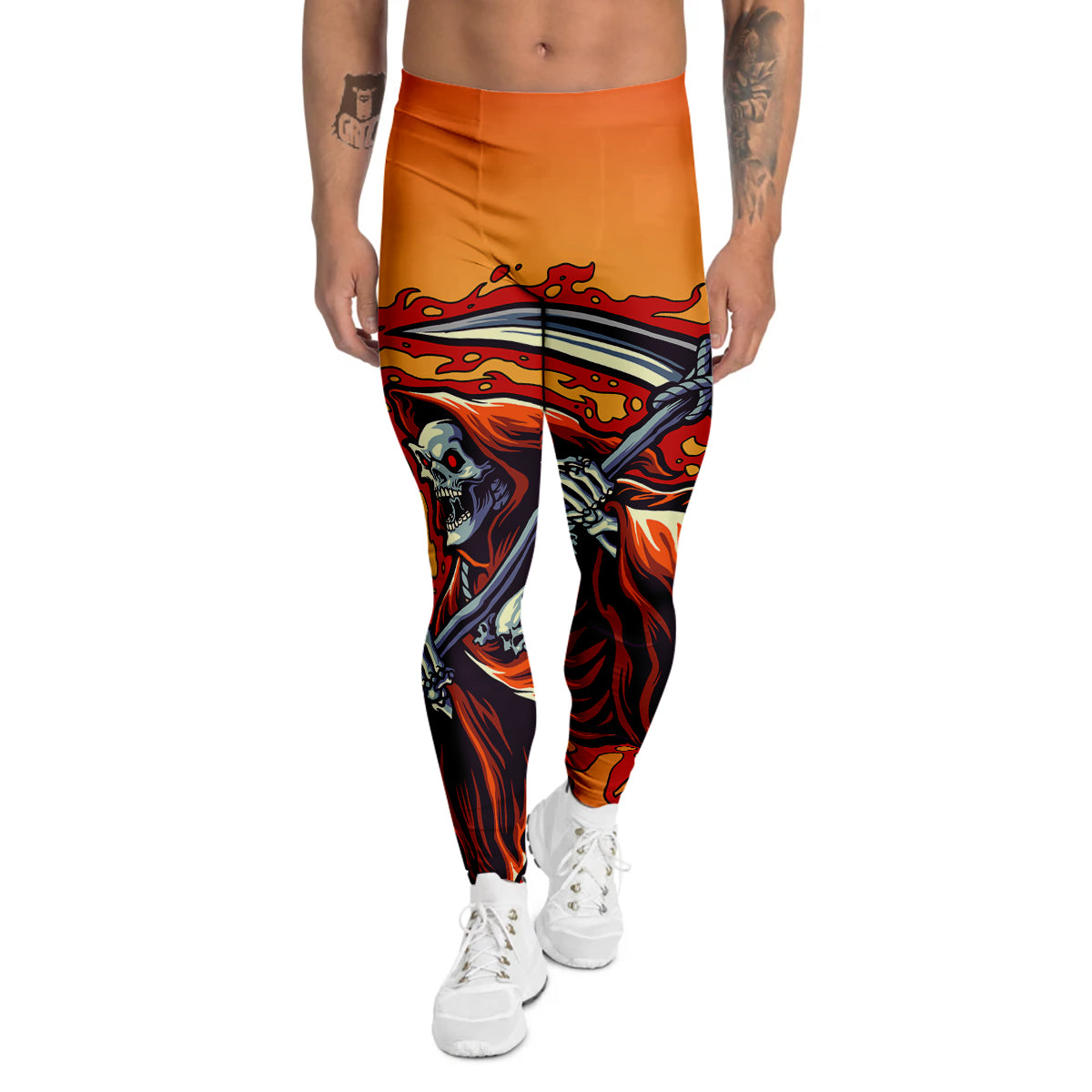 Grim Reaper And Fire Print Men's Leggings-grizzshop