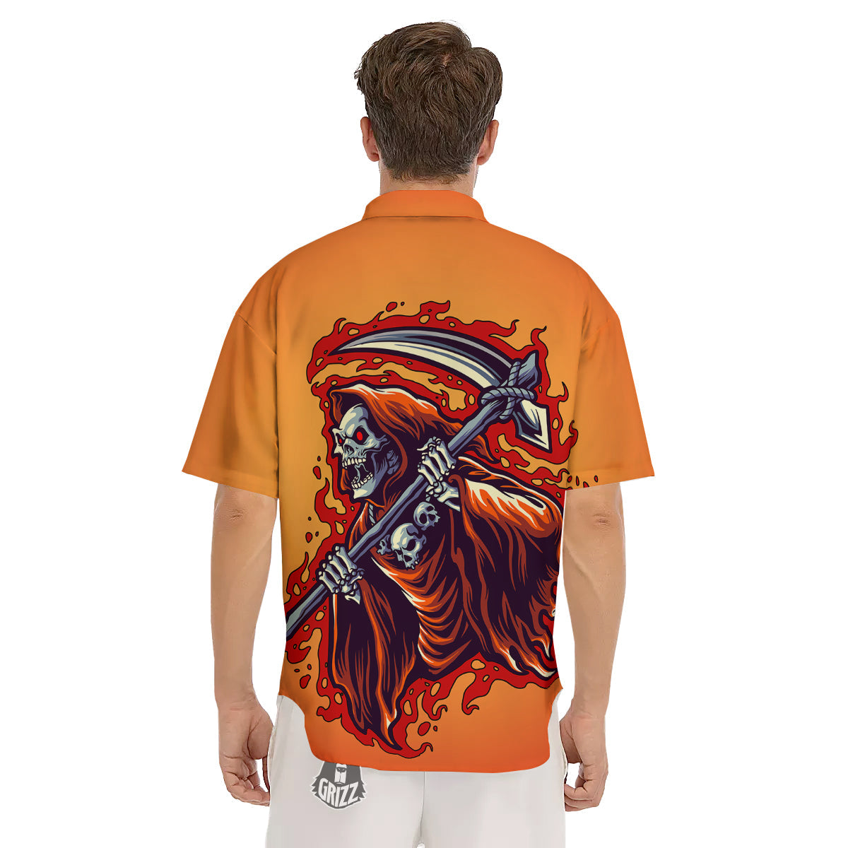 Grim Reaper And Fire Print Men's Short Sleeve Shirts-grizzshop