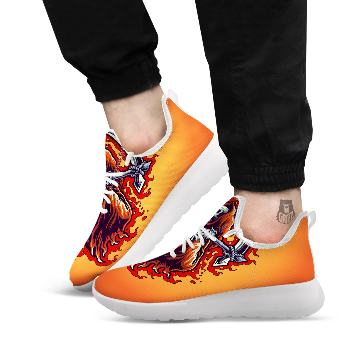 Grim Reaper And Fire Print White Athletic Shoes-grizzshop