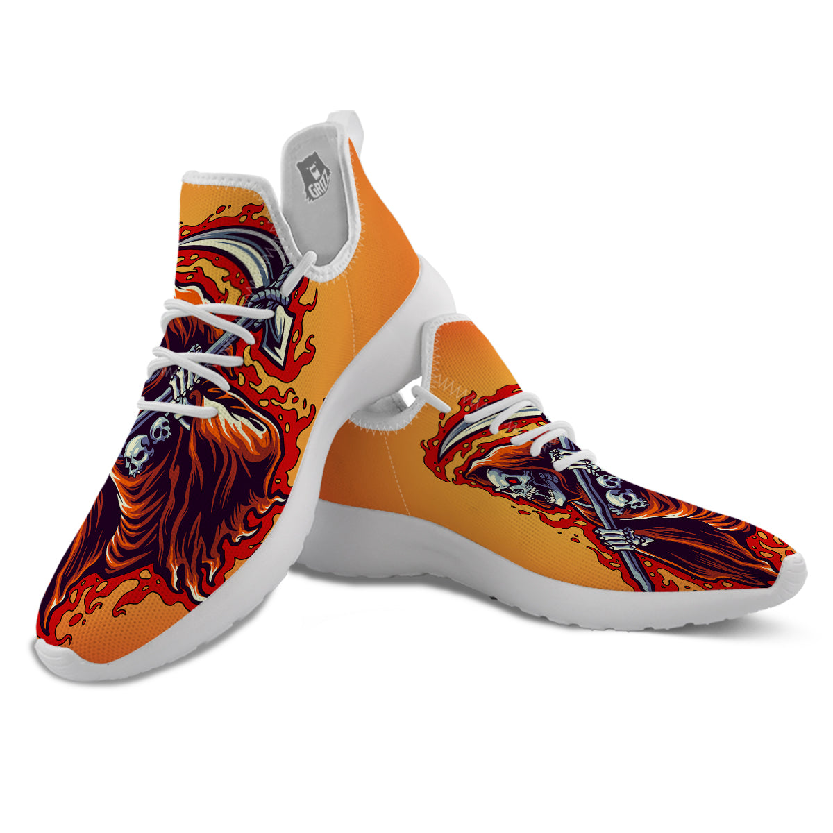 Grim Reaper And Fire Print White Athletic Shoes-grizzshop