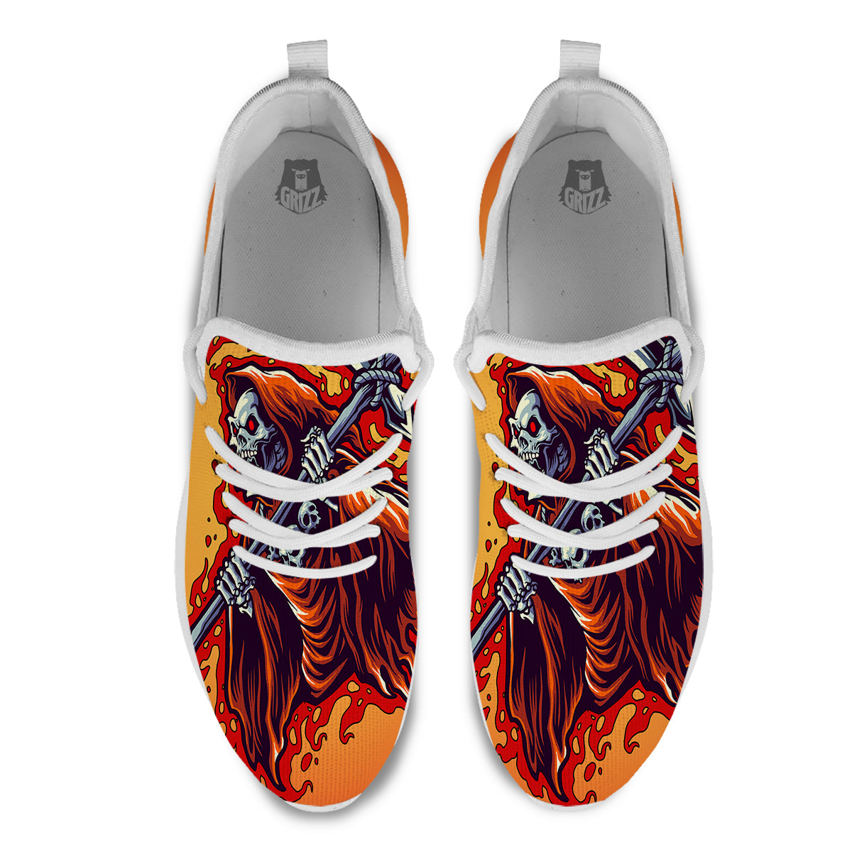 Grim Reaper And Fire Print White Athletic Shoes-grizzshop
