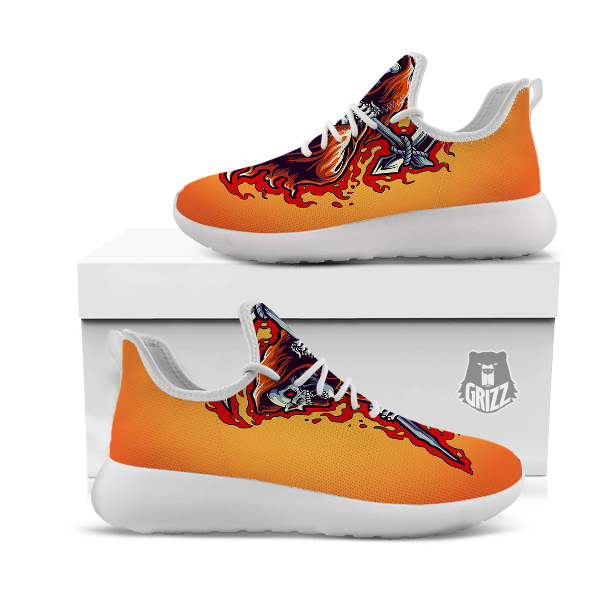 Grim Reaper And Fire Print White Athletic Shoes-grizzshop