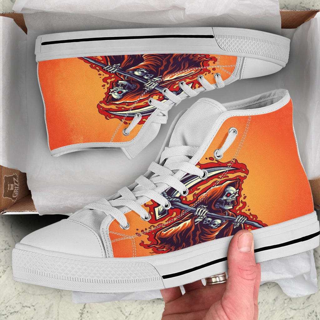 Grim Reaper And Fire Print White High Top Shoes-grizzshop