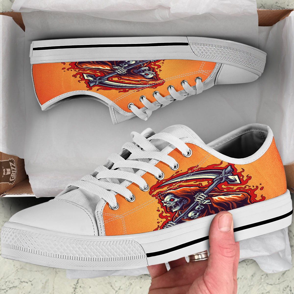 Grim Reaper And Fire Print White Low Top Shoes-grizzshop