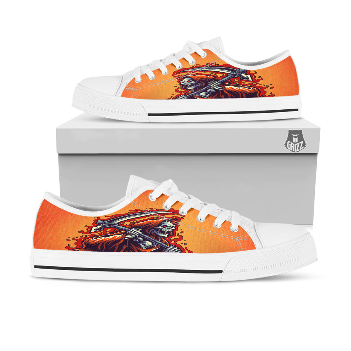 Grim Reaper And Fire Print White Low Top Shoes-grizzshop