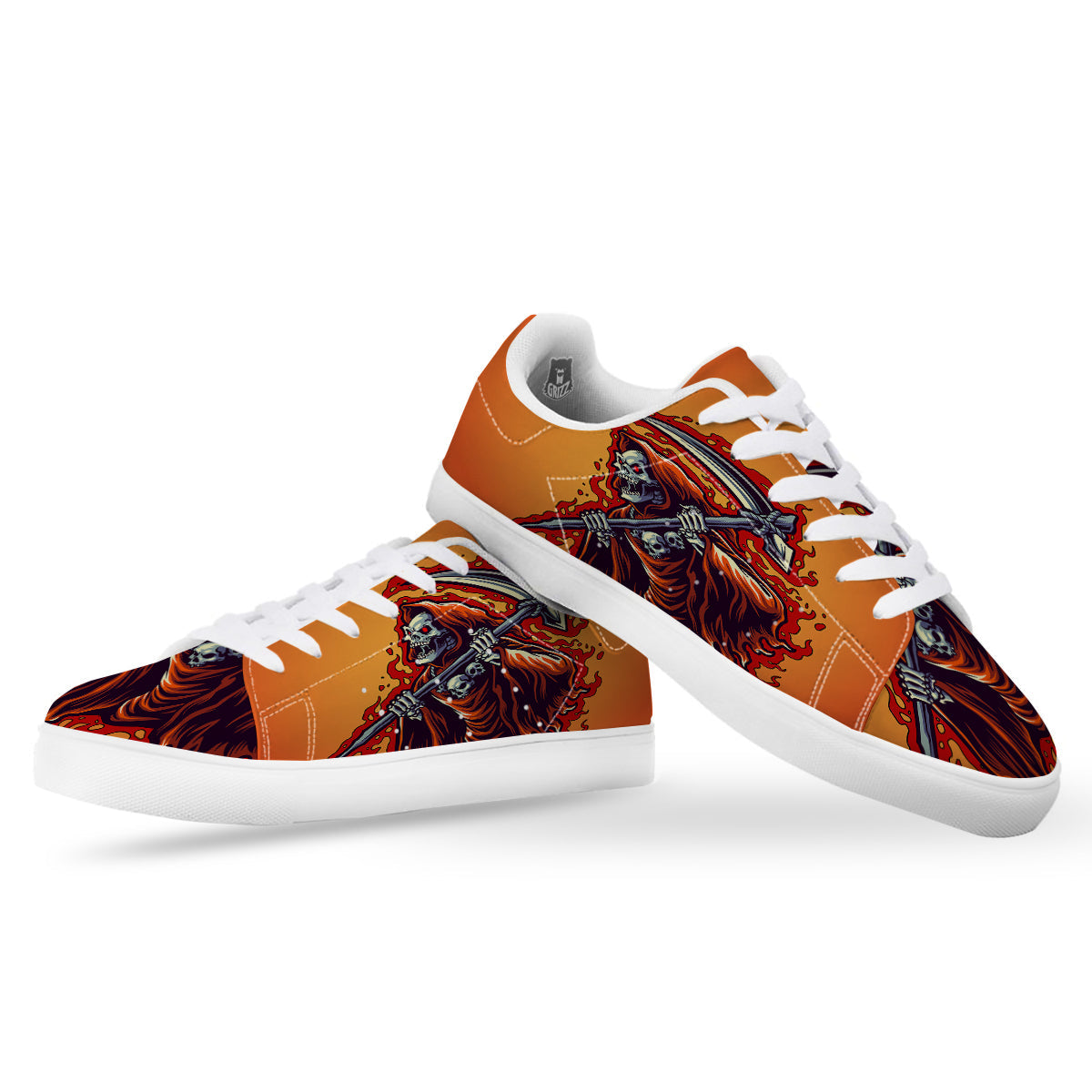Grim Reaper And Fire Print White Low Top Sneakers-grizzshop