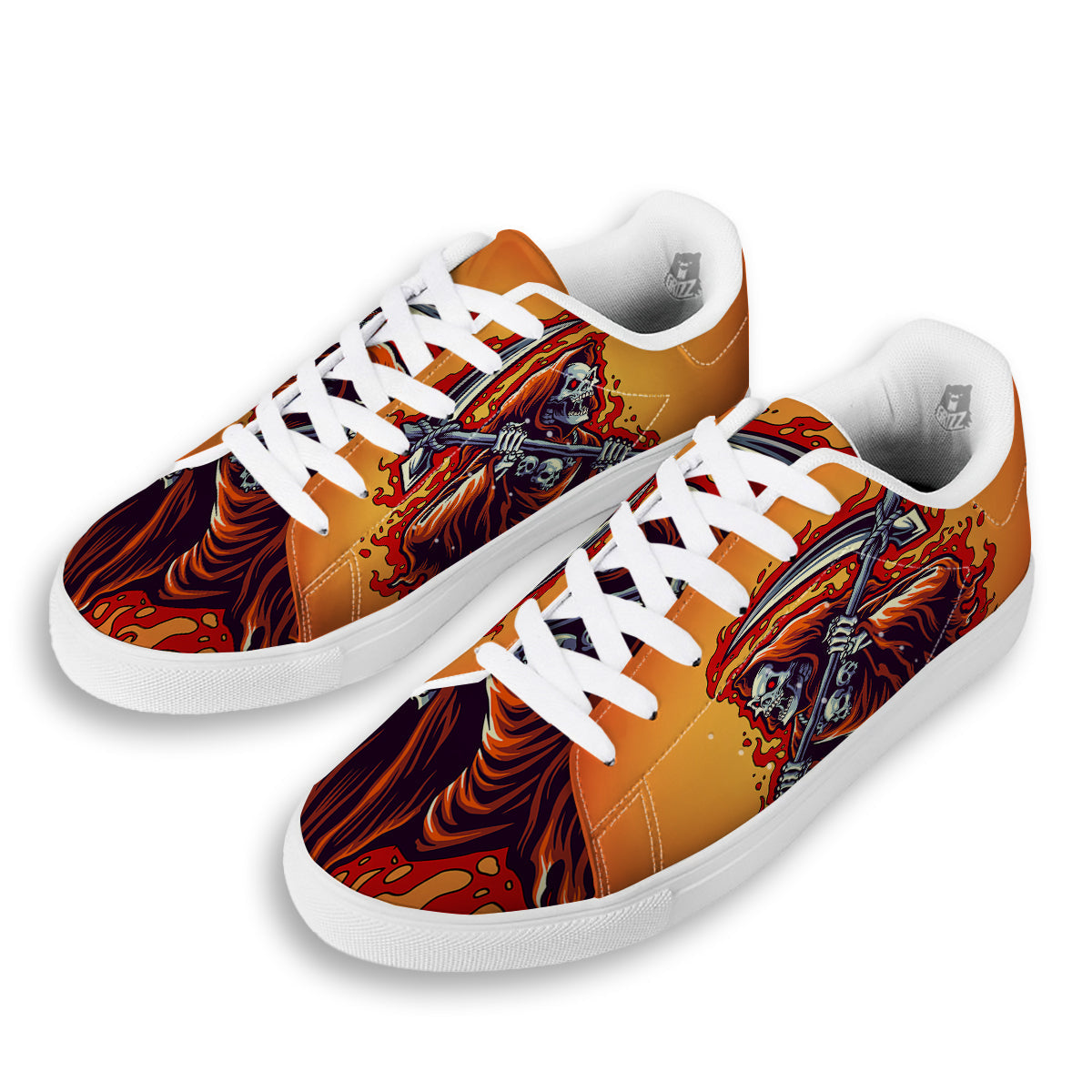 Grim Reaper And Fire Print White Low Top Sneakers-grizzshop