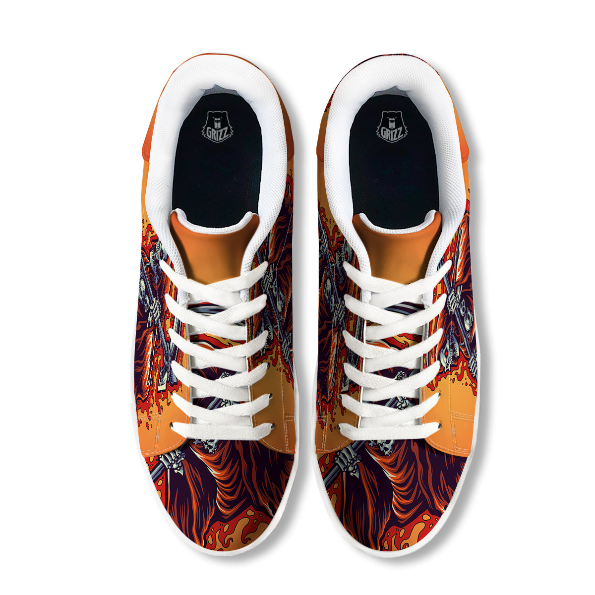 Grim Reaper And Fire Print White Low Top Sneakers-grizzshop