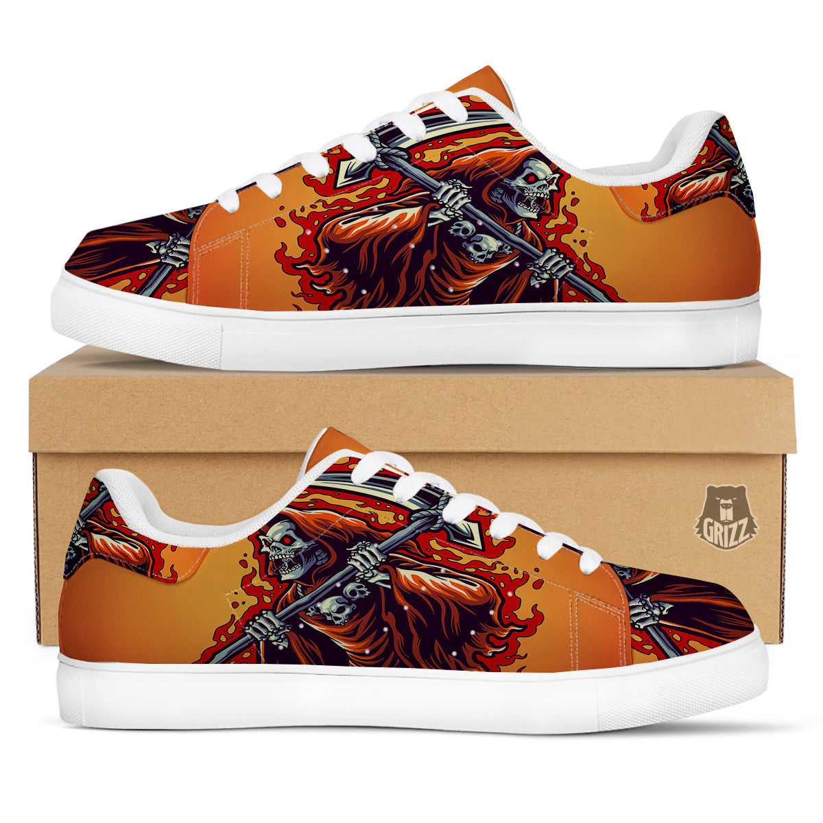 Grim Reaper And Fire Print White Low Top Sneakers-grizzshop