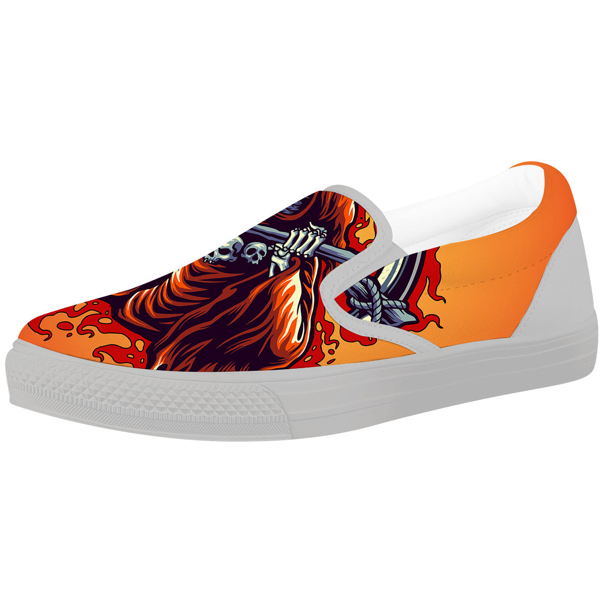Grim Reaper And Fire Print White Slip On Shoes-grizzshop