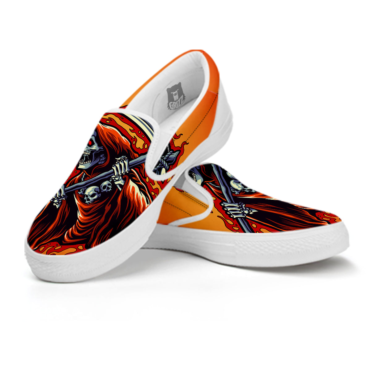 Grim Reaper And Fire Print White Slip On Shoes-grizzshop