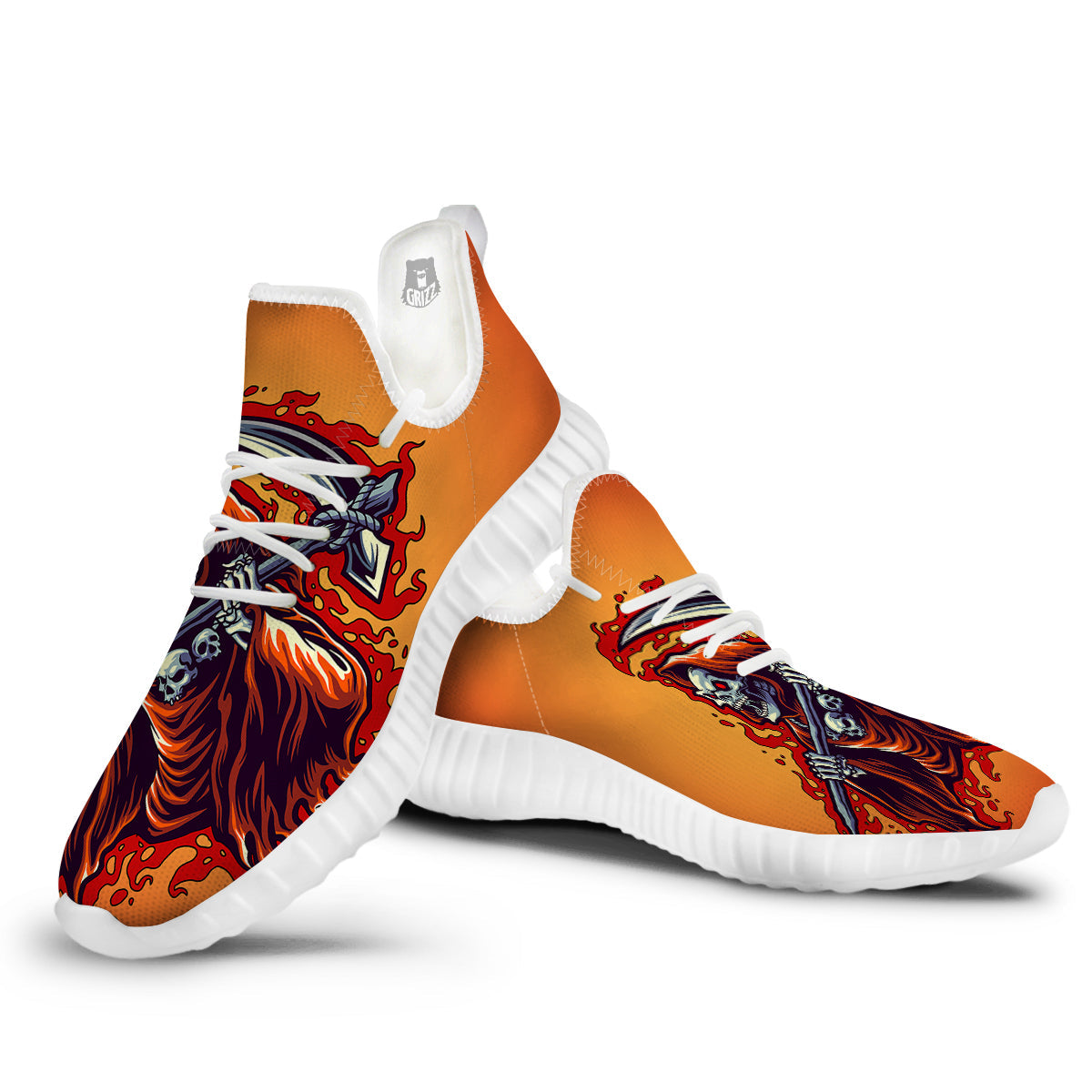 Grim Reaper And Fire Print White Walking Shoes-grizzshop