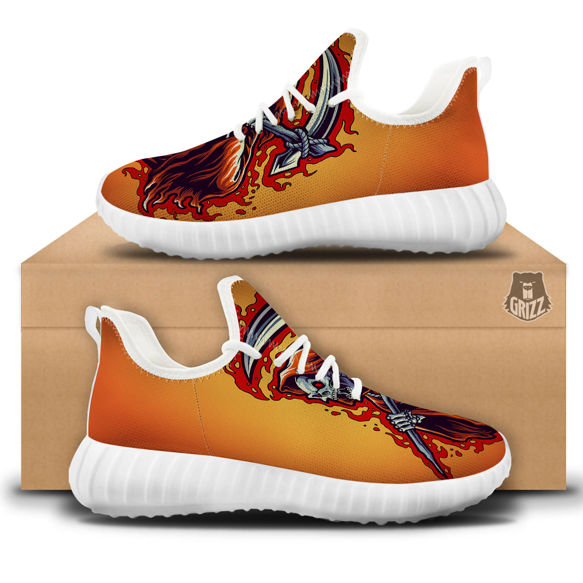 Grim Reaper And Fire Print White Walking Shoes-grizzshop
