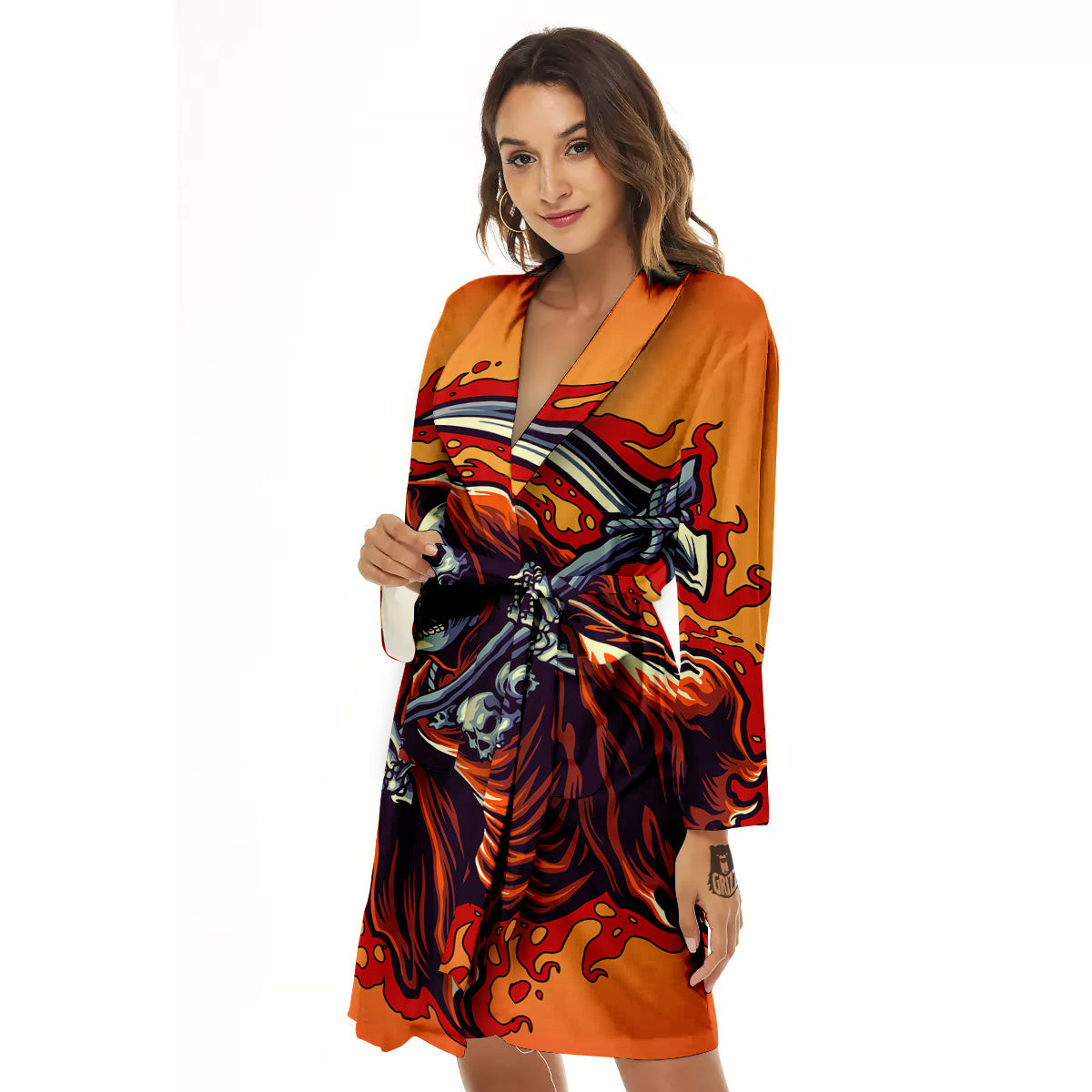 Grim Reaper And Fire Print Women's Robe-grizzshop