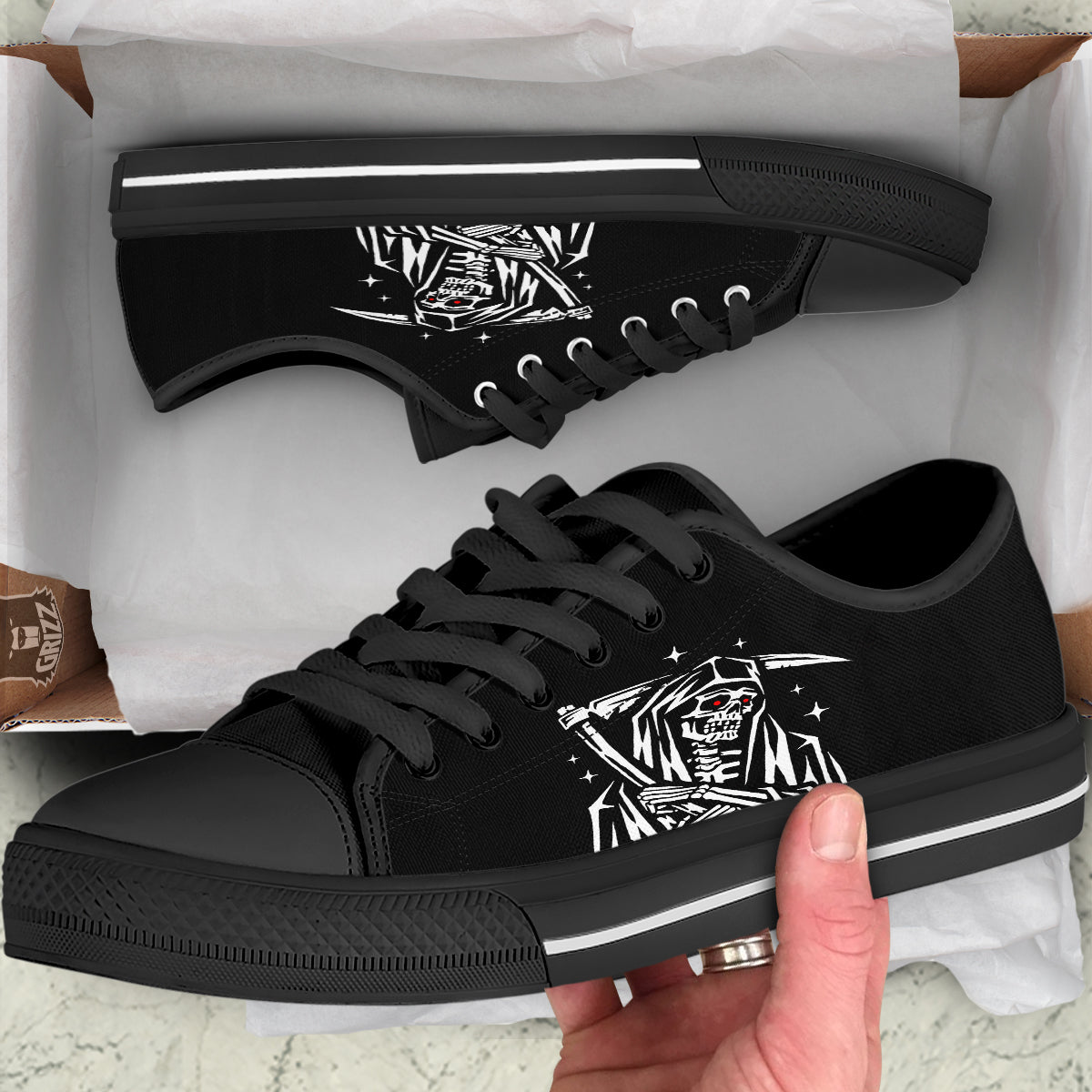 Grim Reaper Sad Print Black Low Top Shoes-grizzshop