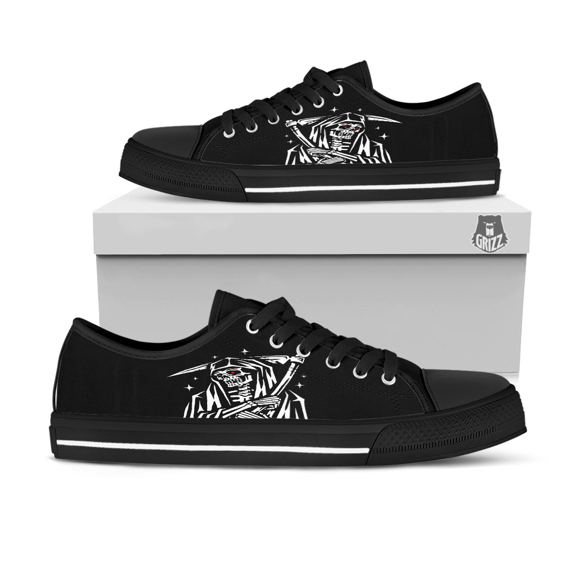 Grim Reaper Sad Print Black Low Top Shoes-grizzshop