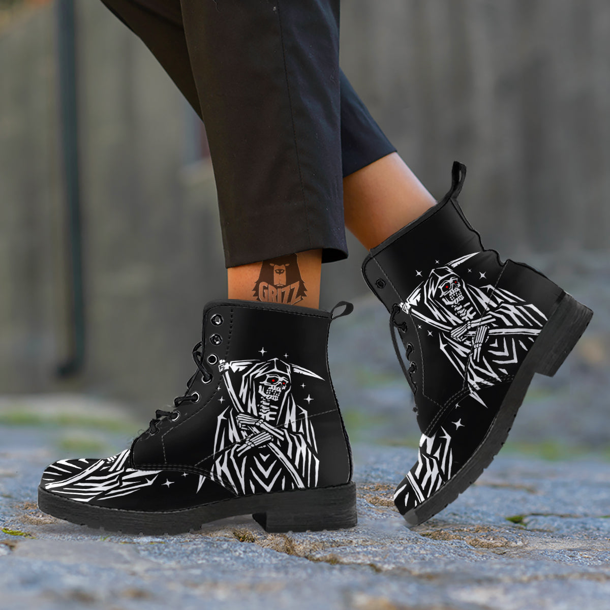 Grim Reaper Sad Print Leather Boots-grizzshop