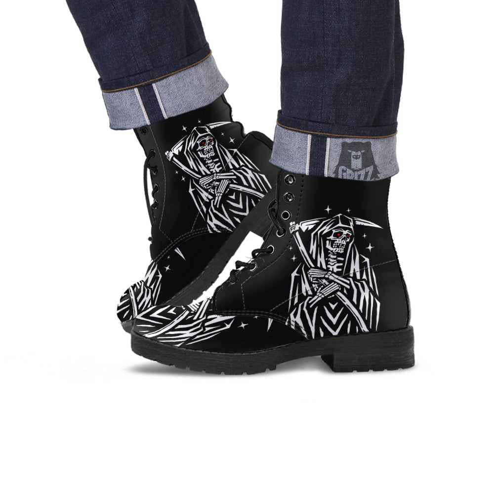 Grim Reaper Sad Print Leather Boots-grizzshop