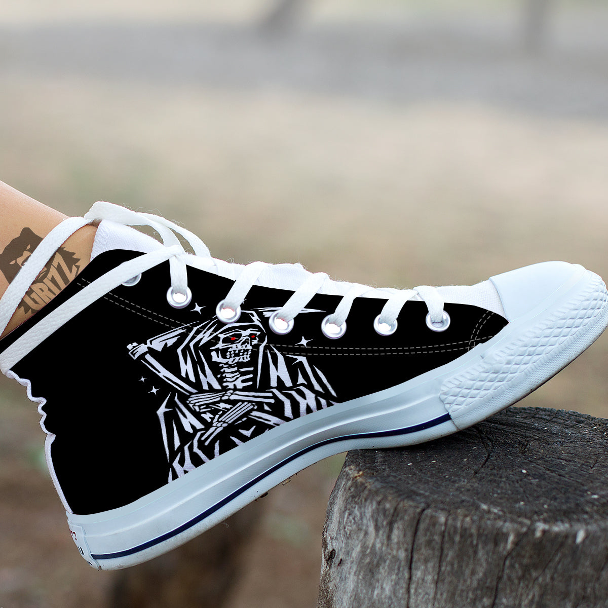 Grim Reaper Sad Print White High Top Shoes-grizzshop