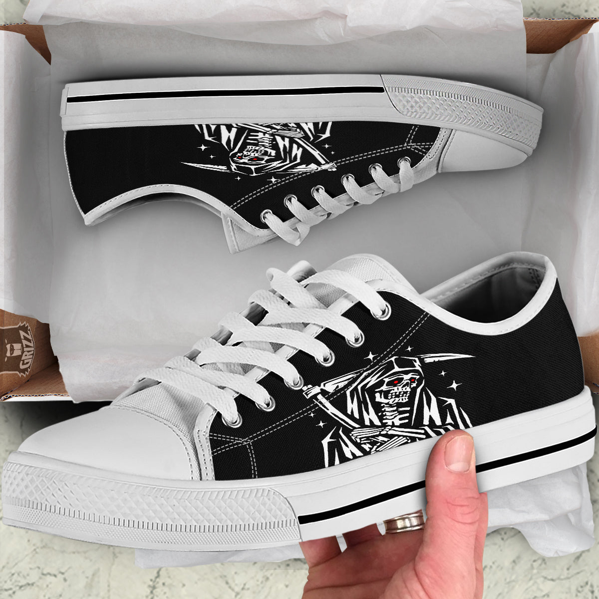 Grim Reaper Sad Print White Low Top Shoes-grizzshop