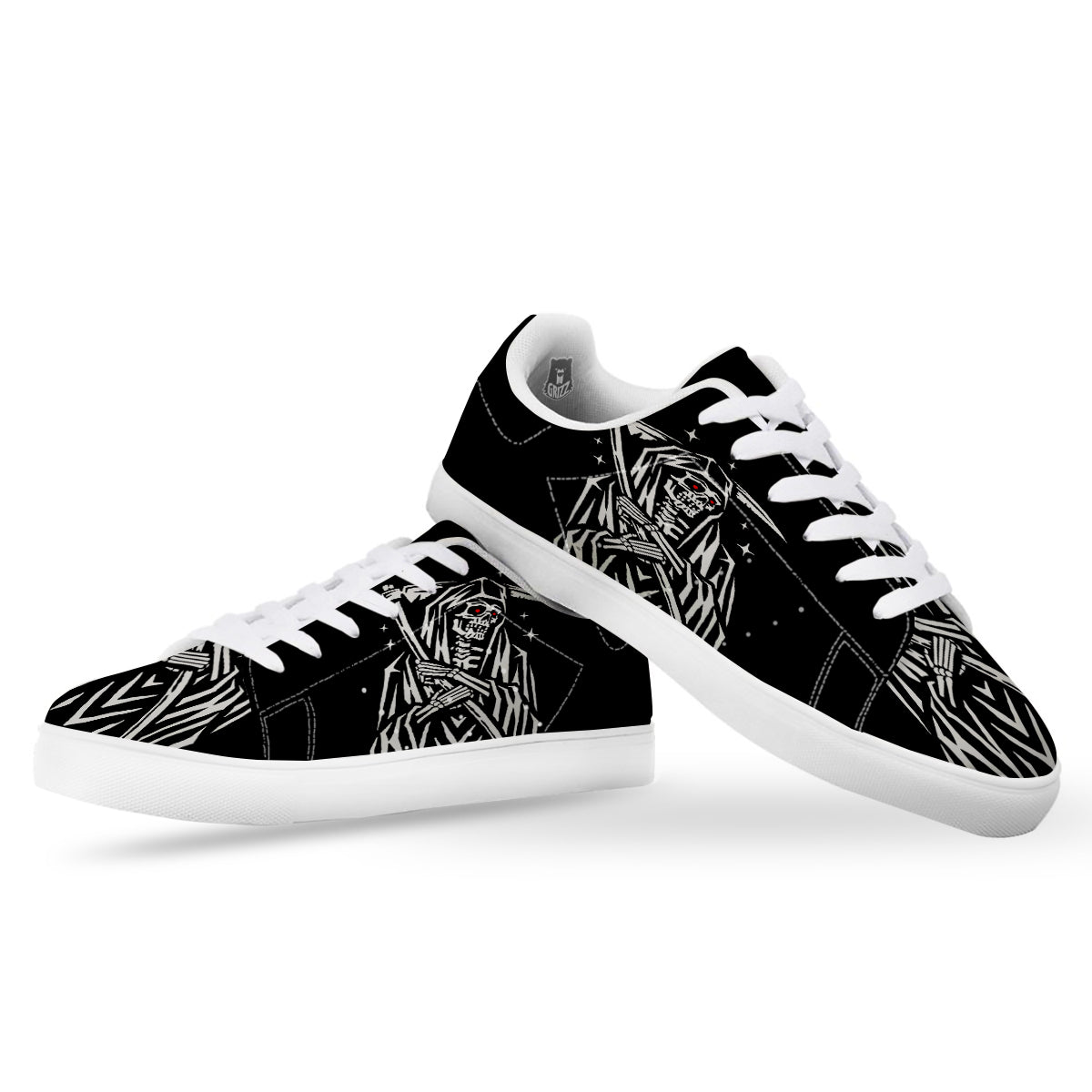 Grim Reaper Sad Print White Low Top Sneakers-grizzshop