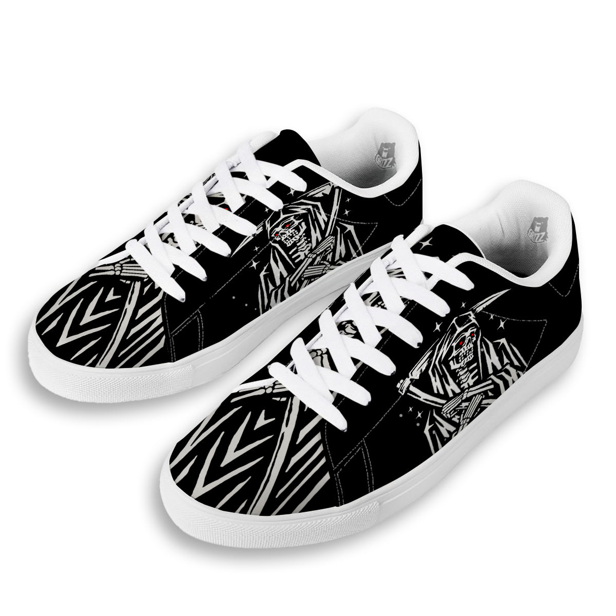 Grim Reaper Sad Print White Low Top Sneakers-grizzshop