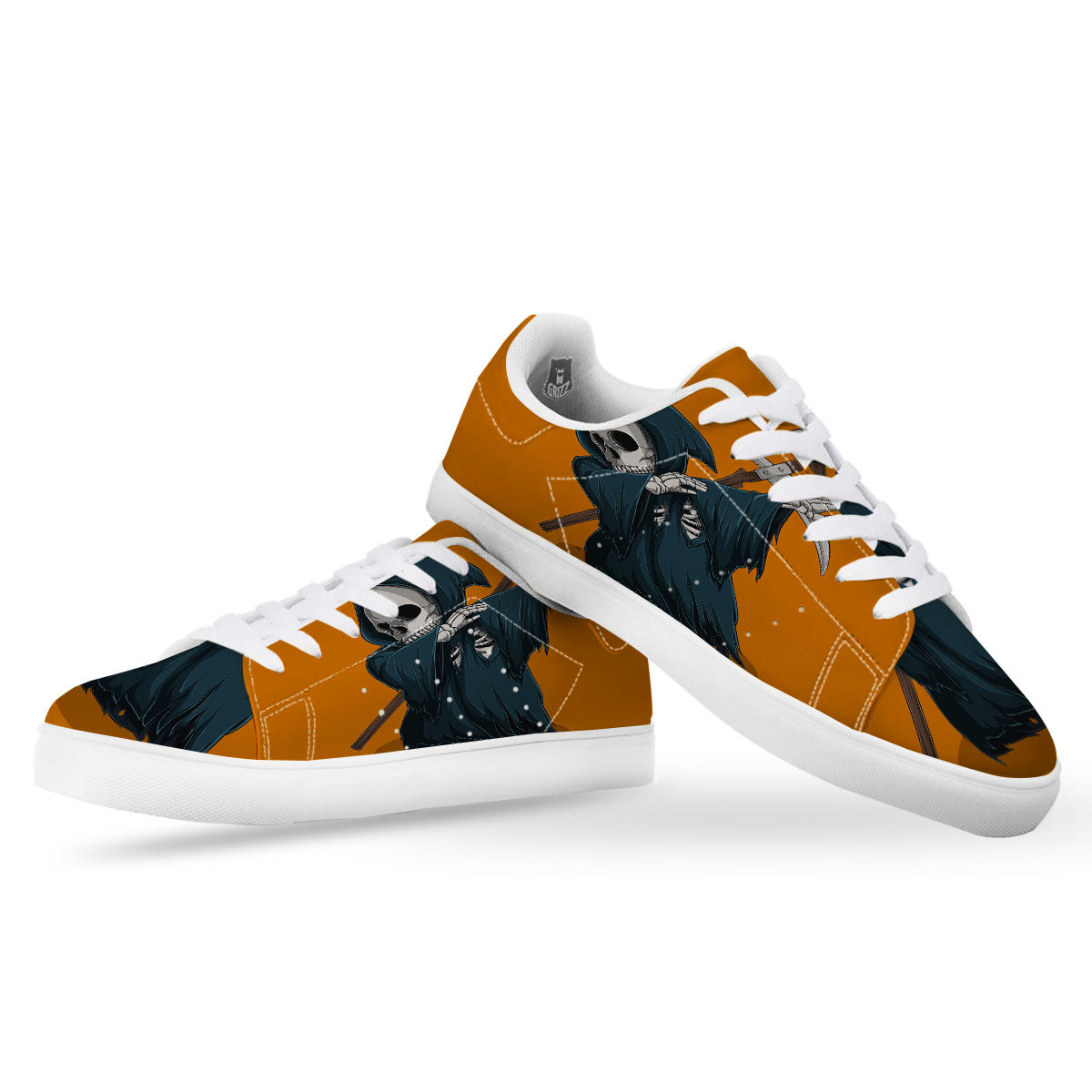 Grim Reaper Skeleton Dap Print White Low Top Sneakers-grizzshop