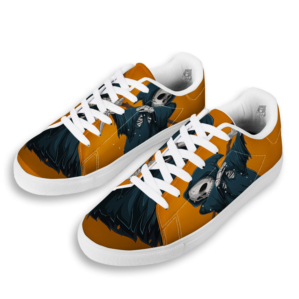 Grim Reaper Skeleton Dap Print White Low Top Sneakers-grizzshop