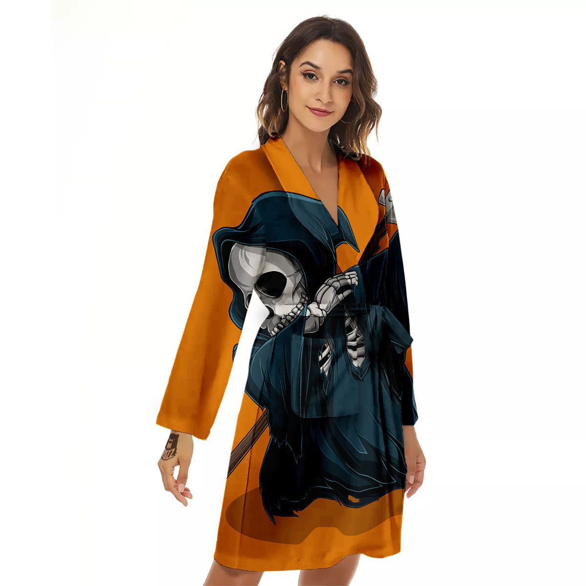 Grim Reaper Skeleton Dap Print Women's Robe-grizzshop