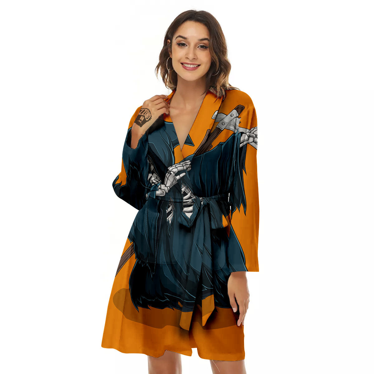 Grim Reaper Skeleton Dap Print Women's Robe-grizzshop