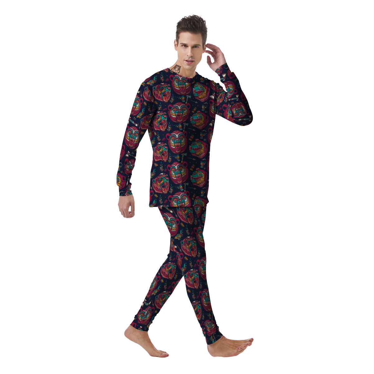 Grizz Bear Oldschool Tattoo Print Pattern Men's Pajamas-grizzshop