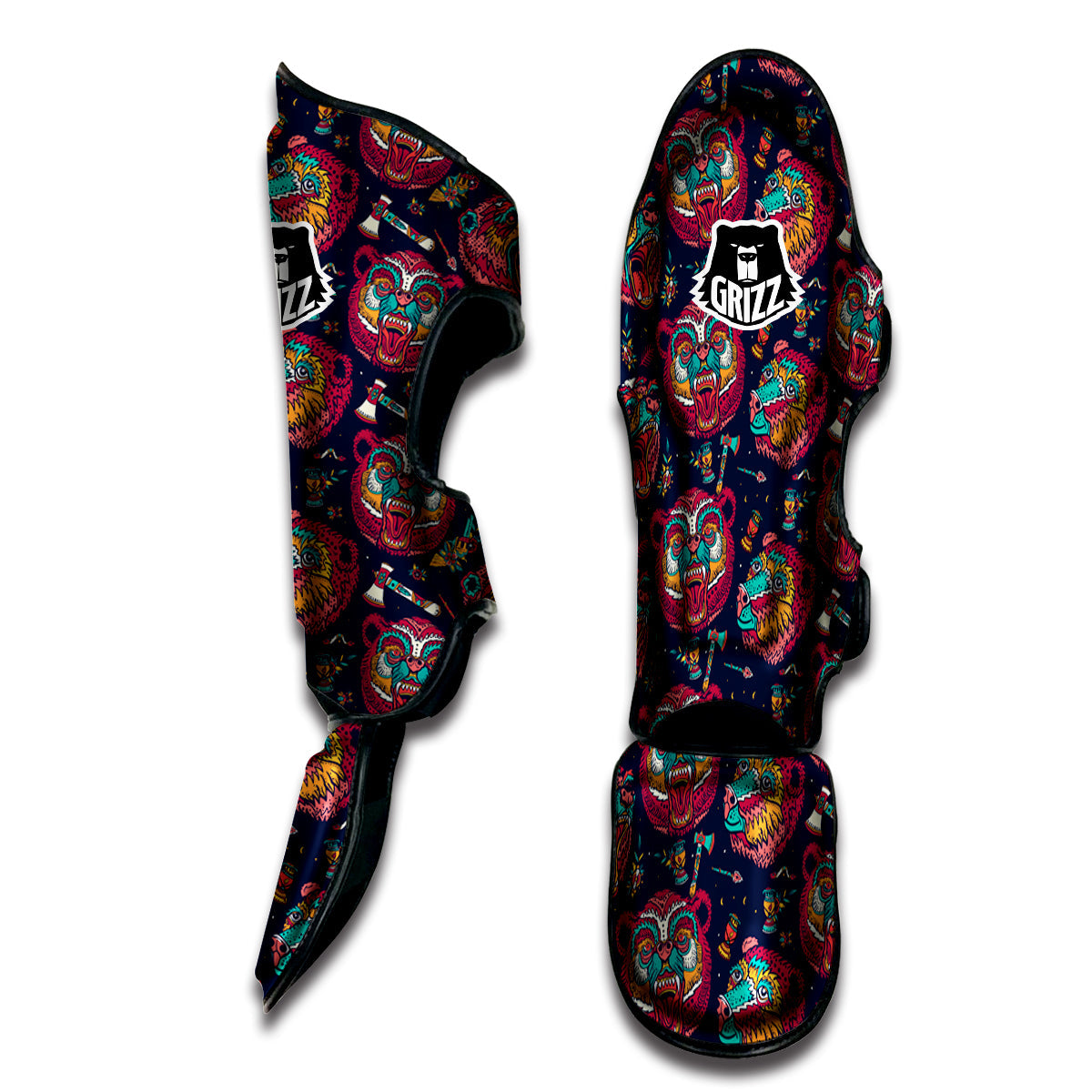 Grizz Bear Oldschool Tattoo Print Pattern Muay Thai Shin Guards-grizzshop