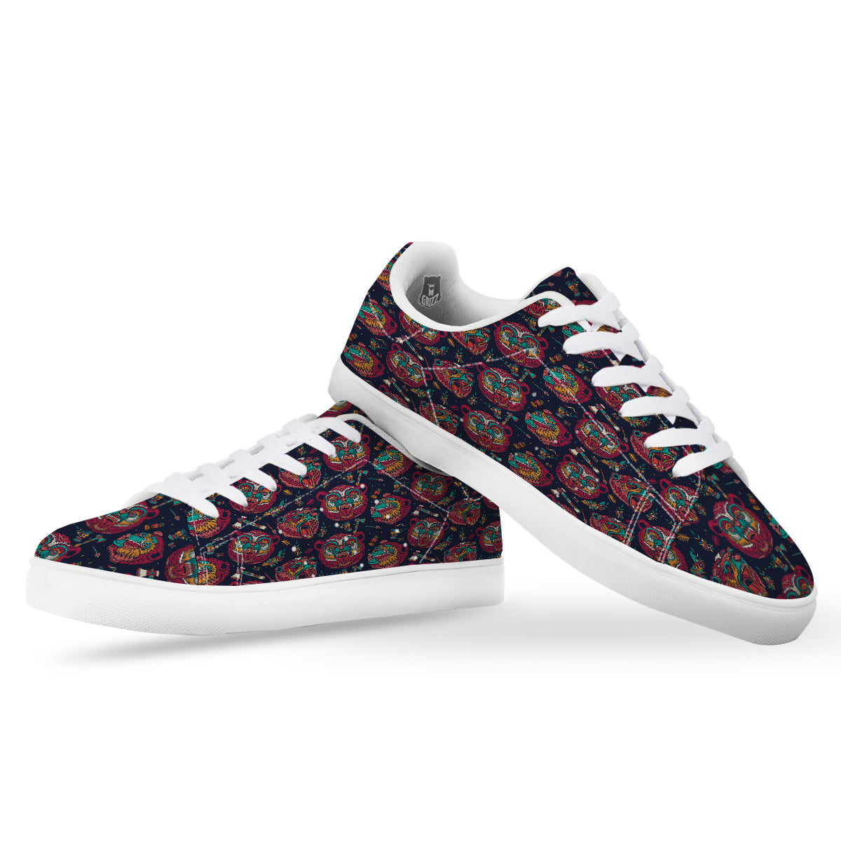 Grizz Bear Oldschool Tattoo Print Pattern White Low Top Sneakers-grizzshop